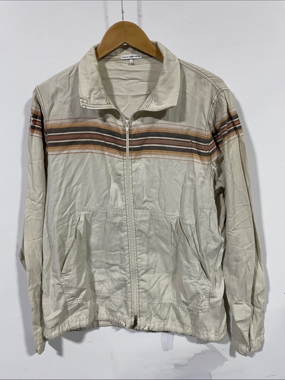 James Perse Cream Zip Jacket with Brown Stripe Accents